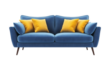 stylish blue sofa adorned with vibrant yellow pillows. set against a plain white background the design is modern and inviting. making it suitable for various interior decor styles. enhancing comfort a
