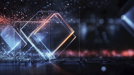 Futuristic abstract geometric design with glowing squares and bokeh effect