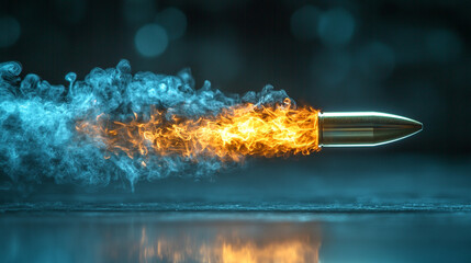 A shiny new slick bullet in mid-flight leaving a dramatic trail of smoke, conveying speed, power, and impact in an empty blue backdrop, emphasizing motion, precision, and minimalism

