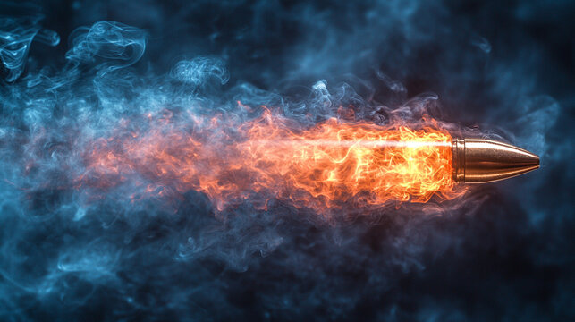 A shiny new slick bullet in mid-flight leaving a dramatic trail of smoke, conveying speed, power, and impact in an empty blue backdrop, emphasizing motion, precision, and minimalism

