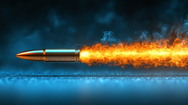 A shiny new slick bullet in mid-flight leaving a dramatic trail of smoke, conveying speed, power, and impact in an empty blue backdrop, emphasizing motion, precision, and minimalism

