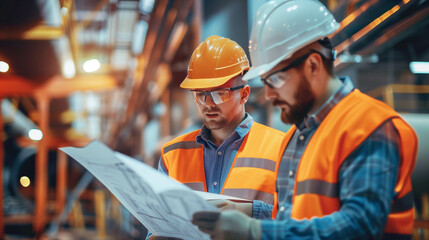 Engineers wearing safety gear analyzing blueprints in a well-lit industrial facility