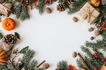 Autumnal frame with pumpkins, pine, gifts, and acorns on white.