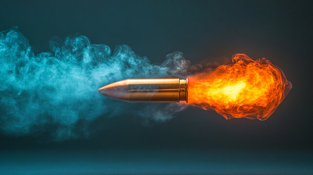 A shiny new slick bullet in mid-flight leaving a dramatic trail of smoke, conveying speed, power, and impact in an empty blue backdrop, emphasizing motion, precision, and minimalism

