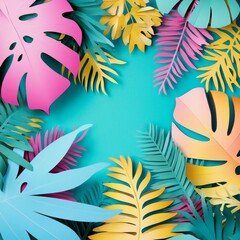 Vibrant tropical paper leaves frame on teal background.