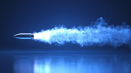 A shiny new slick bullet in mid-flight leaving a dramatic trail of smoke, conveying speed, power, and impact in an empty blue backdrop, emphasizing motion, precision, and minimalism

