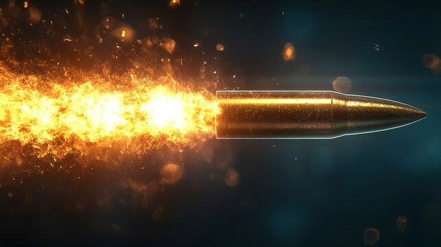 A shiny new slick bullet in mid-flight leaving a dramatic trail of smoke, conveying speed, power, and impact in an empty blue backdrop, emphasizing motion, precision, and minimalism

