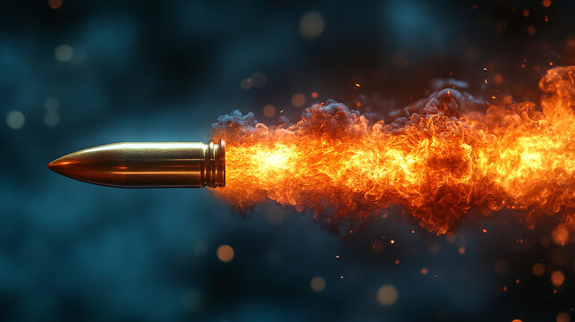 A shiny new slick bullet in mid-flight leaving a dramatic trail of smoke, conveying speed, power, and impact in an empty blue backdrop, emphasizing motion, precision, and minimalism

