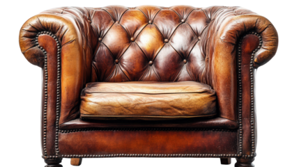 classic. well-worn leather armchair with tufted detailing and a rich brown color its inviting appearance suggests comfort and style. making it suitable for a cozy living space or an elegant office env