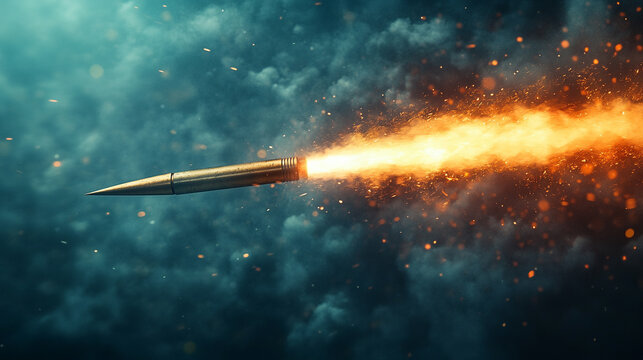 A shiny new slick bullet in mid-flight leaving a dramatic trail of smoke, conveying speed, power, and impact in an empty blue backdrop, emphasizing motion, precision, and minimalism

