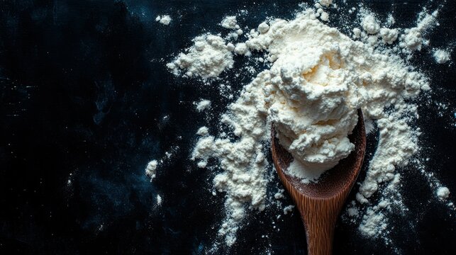 Wooden spoon, flour, dark background, baking, recipe (1)