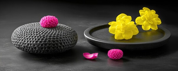Zen stones, vibrant flowers, dark background. Spa, wellness
