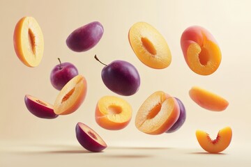 Plums and apricots levitate against a beige background