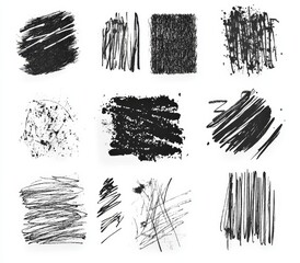 Twelve abstract black ink strokes on white background.