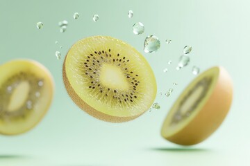 Golden Kiwi Slices Suspended in Air With Water Droplets