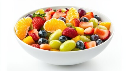 A vibrant bowl of mixed fruit salad with strawberries, blueberries, grapes