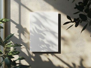 Blank vertical poster mockup on beige wall with sunlight and plant shadows.