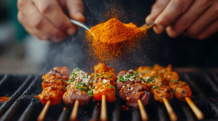 A person sprinkles spices onto grilled skewers, enhancing the flavor of the dish in a vibrant cooking scene.