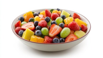 A vibrant bowl of mixed fruit salad with strawberries, blueberries, grapes