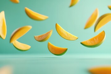 Yellow Mango Slices Falling Against Teal Background