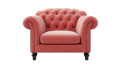 stylish. tufted armchair in a soft coral color. showcasing a classic design with rounded arms and a plush seat the chair is set against a plain white background. emphasizing its elegant form and invit