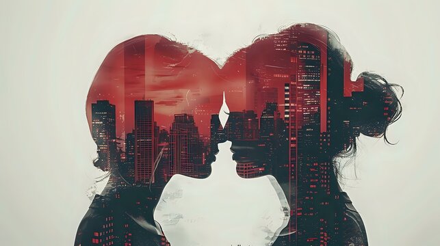 Romantic double exposure silhouette combining urban cityscape and couple about to kiss, perfect for Valentine's Day cards, wedding invitations, or relationship concepts.