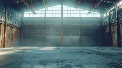 Vast, empty industrial warehouse interior, sunlight streams through high windows. Perfect for showcasing products, illustrating concepts of space, or creating a dramatic backdrop.