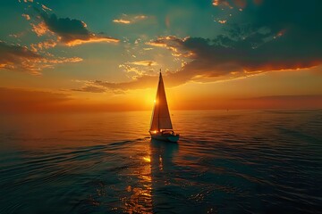 Fototapeta premium Sailboat silhouette gliding across calm ocean waters during dramatic golden sunset, perfect for travel advertising, luxury lifestyle content and inspirational designs.