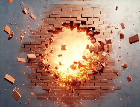 Exploding brick wall with fiery debris.