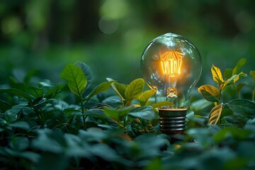 Glowing light bulb among green leaves in garden setting, symbolizing eco-friendly energy, environmental sustainability and natural innovation concept. Perfect for environmental campaigns.