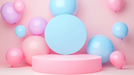 Pastel pink and blue balloons surround a blank circular display stand on a pink background.
