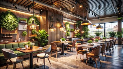 Fototapeta premium Modern Restaurant Interior Design with Cozy Ambiance and Unique Decor Elements for an Inviting Dining Experience