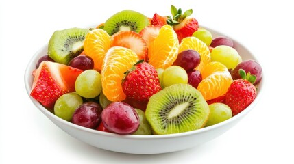 A vibrant bowl of mixed fruit salad with strawberries, kiwi slices, grapes