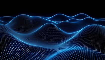 Abstract blue glowing wave particles on black background.