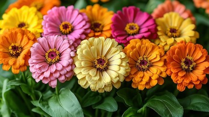 Fototapeta premium A vibrant array of colorful Zinnia flowers in full bloom, creating a captivating floral display