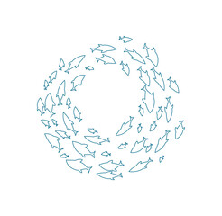 Aquatic fish school silhouette. Group of swimming fish in a swirling pattern. Underwater life, flat doodle style, suitable for marine projects.