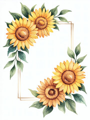 A watercolor flower illustration frame, sunflower composition with vibrant yellow petals, green leaves, and soft brown accents on a white background