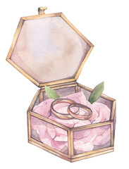 Wedding rings in a fancy box decorated with a flower. Hand-painted watercolor illustration.