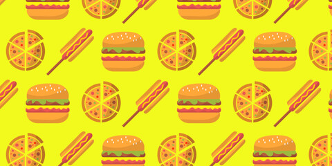 collection of food seamless pattern background with icons of hamburger, pizza, hot dog on brown white and yellow background.