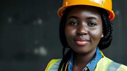 Professional African American female construction worker or engineer wearing safety helmet and reflective vest smiles confidently at construction site, perfect for diversity and inclusion campaigns.