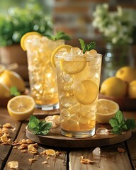 Refreshing iced tea with lemon slices and mint garnish served in tall glasses on rustic wooden table. Perfect summer drink photography for menu, advertising or beverage promotion.