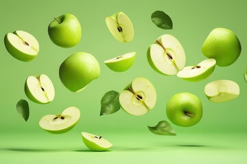 Green Apples Falling Slices and Leaves Against Green Background