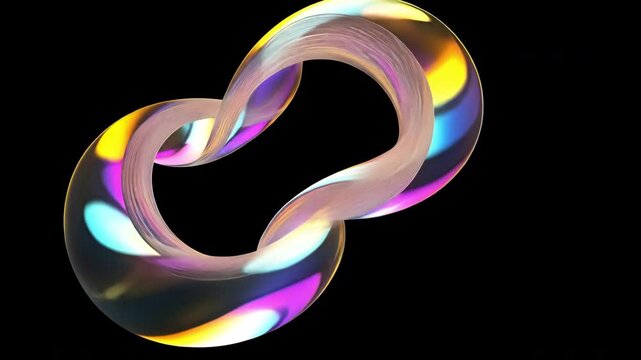 Iridescent toroidal structure morphing into different shapes against a black background.