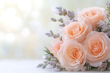 Obraz premium Floral arrangement of soft roses and lavender in a serene nature setting