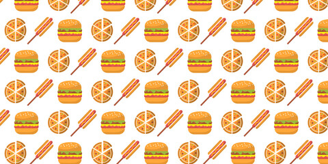 collection of food seamless pattern background with icons of hamburger, pizza, hot dog on brown white and yellow background.