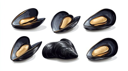 Fototapeta premium Six illustrations of mussels in various positions, isolated on white.
