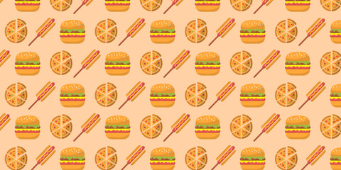 collection of food seamless pattern background with icons of hamburger, pizza, hot dog on brown white and yellow background.
