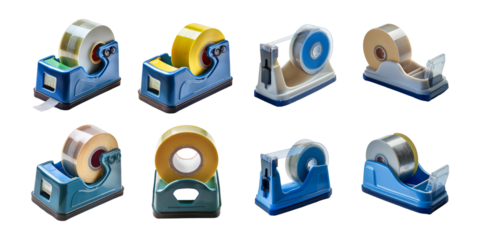Variety of Adhesive Tape Dispensers Displayed Together, PNG collection, set bundle, isolate on transparent or white background