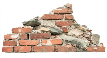 Broken red brick wall rubble pile isolated on white background.