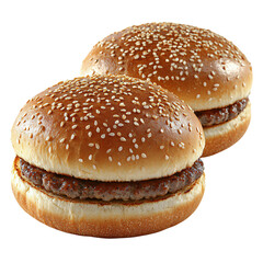 Two sesame seed burger buns filled with patties, ready to be served as a meal.
